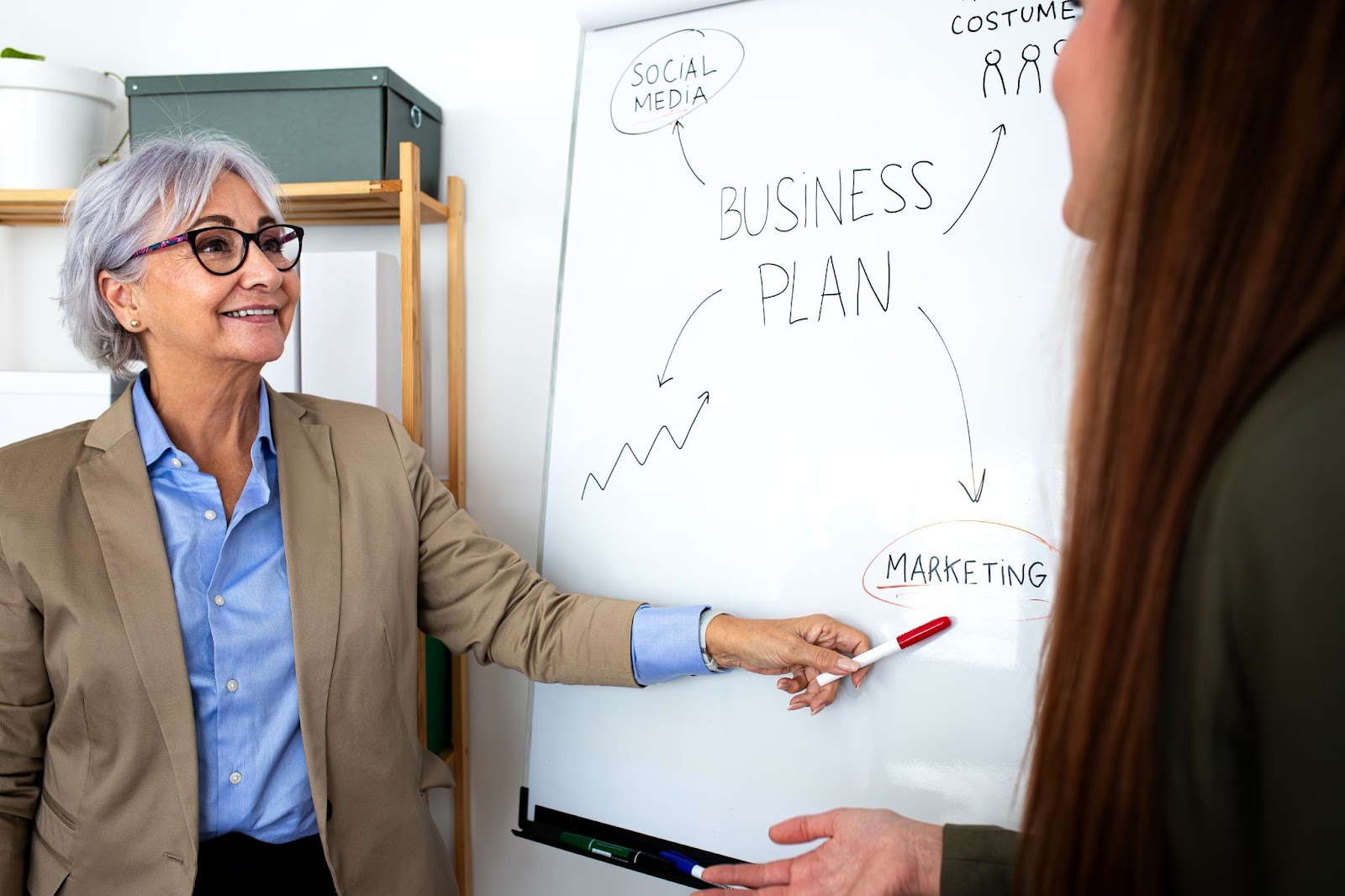 Senior business consultant reviewing a strategic business plan with a junior staff member during an in-office planning session.