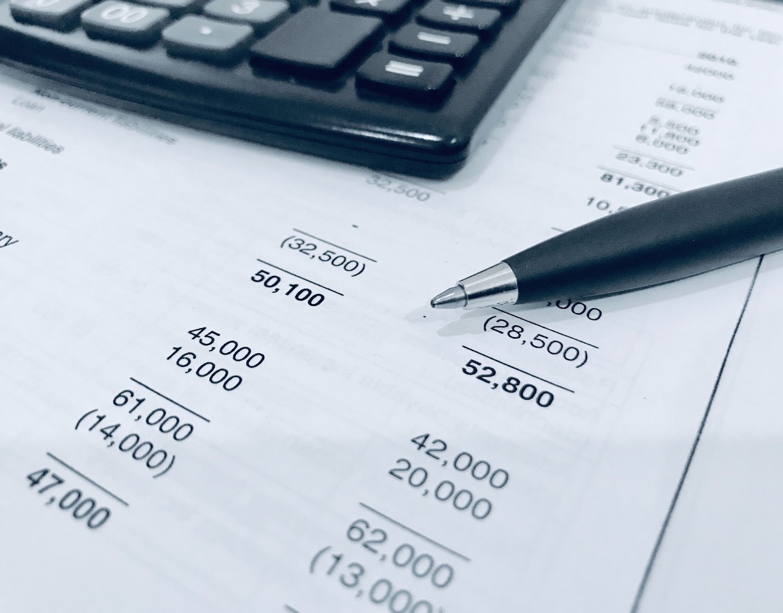 Close-up of a calculator and a financial balance sheet for accounting service analysis